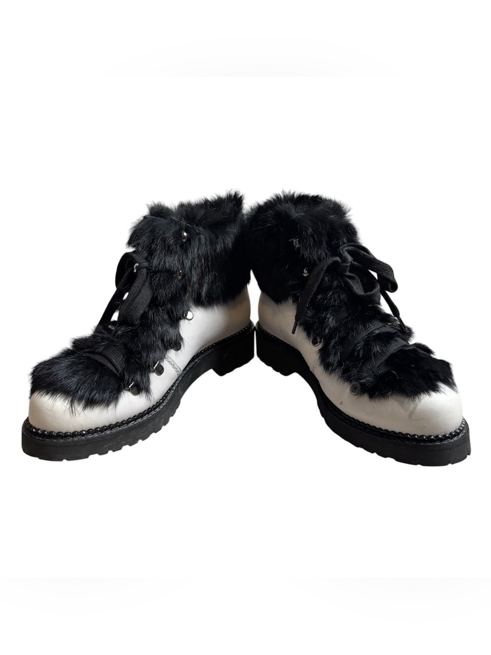 Elena Black & White Lace-Up Ankle Boots with Rabbit Fur Trim size 40